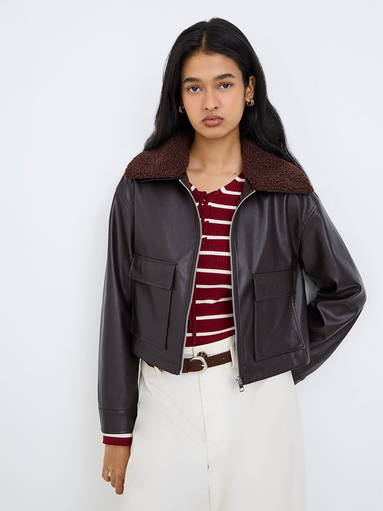 LOV Dark Brown Borg-Collar Faux Leather Linen-Blend Jacket