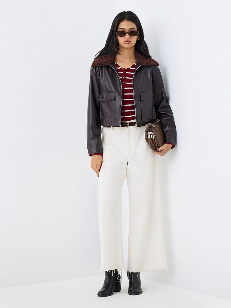LOV Dark Brown Borg-Collar Faux Leather Linen-Blend Jacket