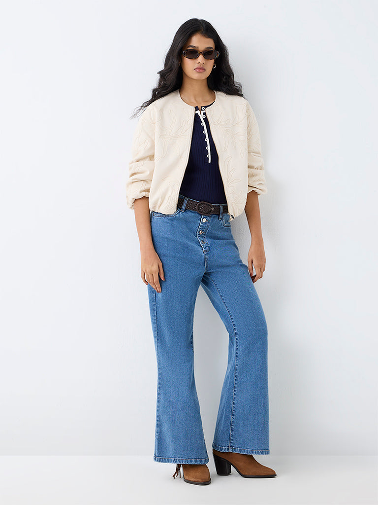 LOV Cream Foliage Embroidered Suede Jacket