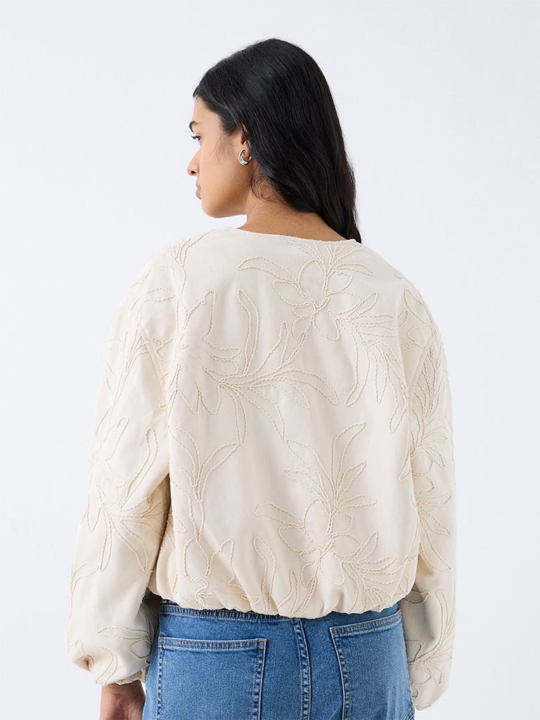 LOV Cream Foliage Embroidered Suede Jacket