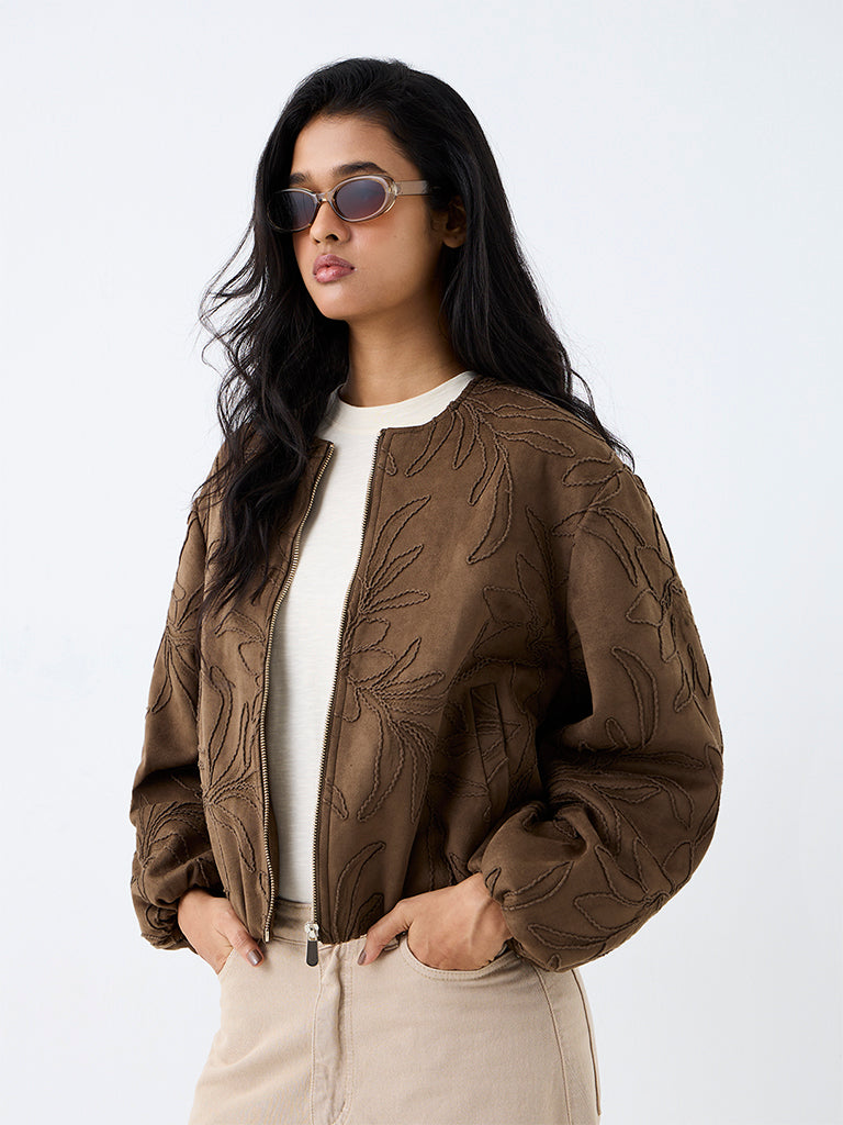 LOV Brown Floral Embroidered Suede Jacket