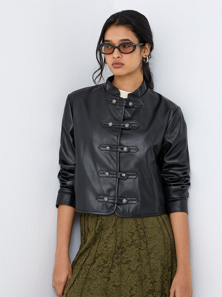 LOV Black Faux Leather Jacket with Frog Fastening