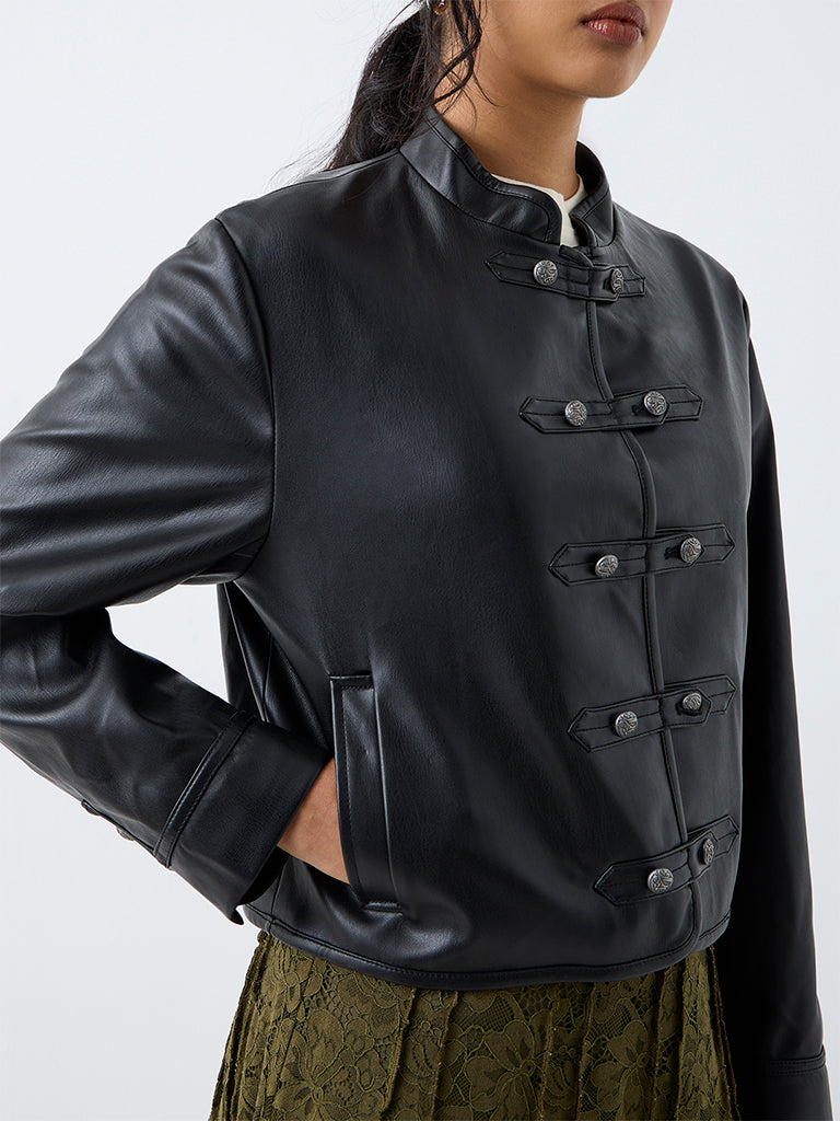 LOV Black Faux Leather Jacket with Frog Fastening
