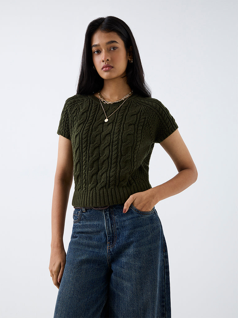 LOV Dark Olive Cable-Knit Top