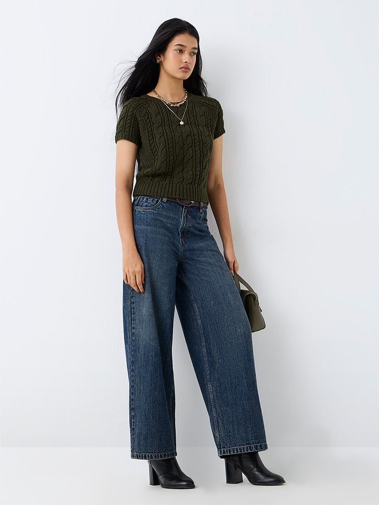 LOV Dark Olive Cable-Knit Top