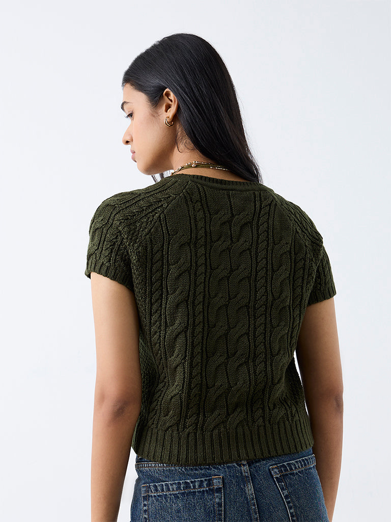LOV Dark Olive Cable-Knit Top