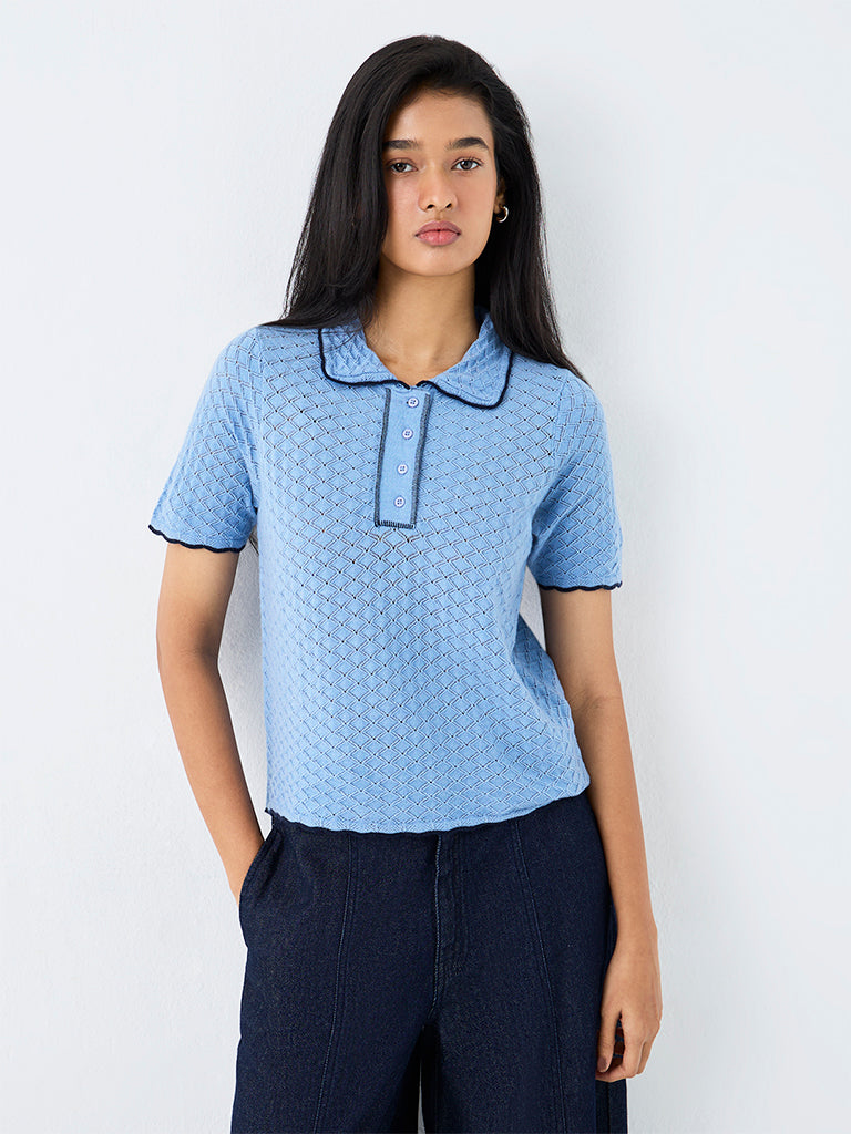 LOV Dusty Blue Knit-Textured Polo T-Shirt