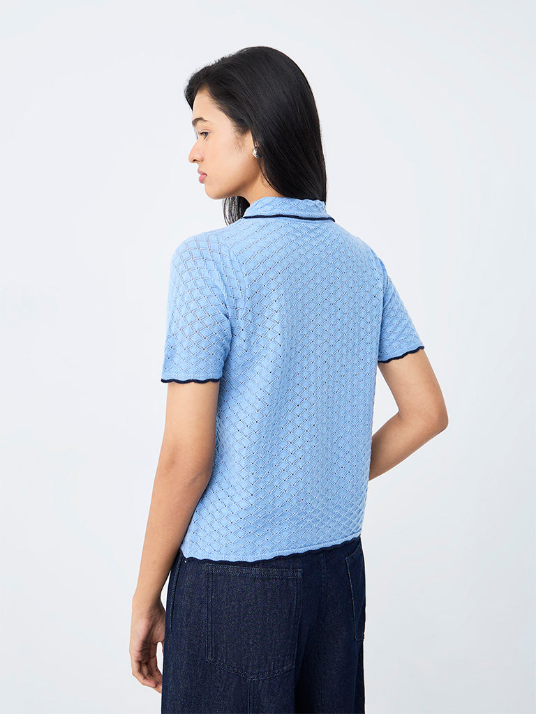 LOV Dusty Blue Knit-Textured Polo T-Shirt