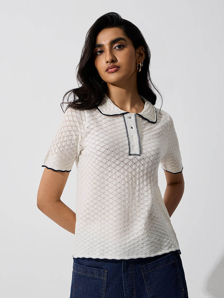 LOV Off-White Knit-Textured Top