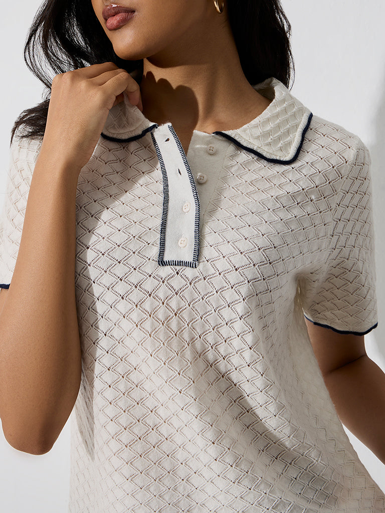 LOV Off-White Knit-Textured Top