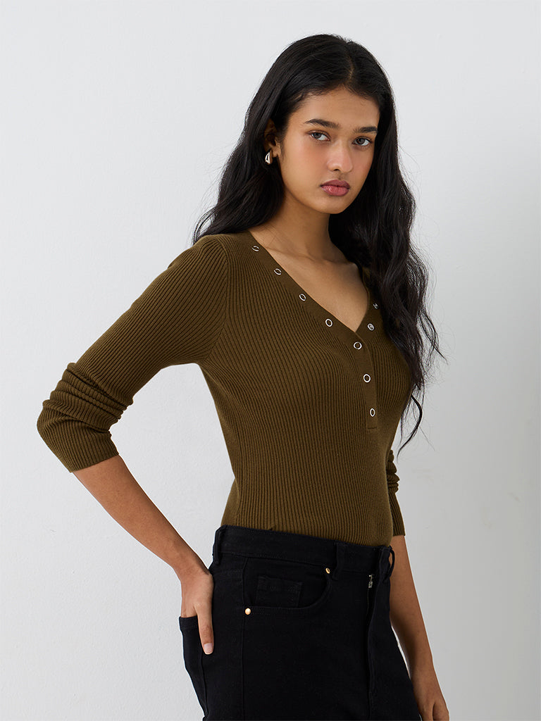 LOV Dark Olive Ribbed-Knit Top