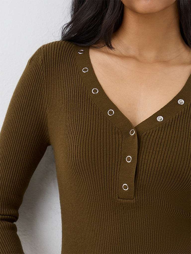 LOV Dark Olive Ribbed-Knit Top