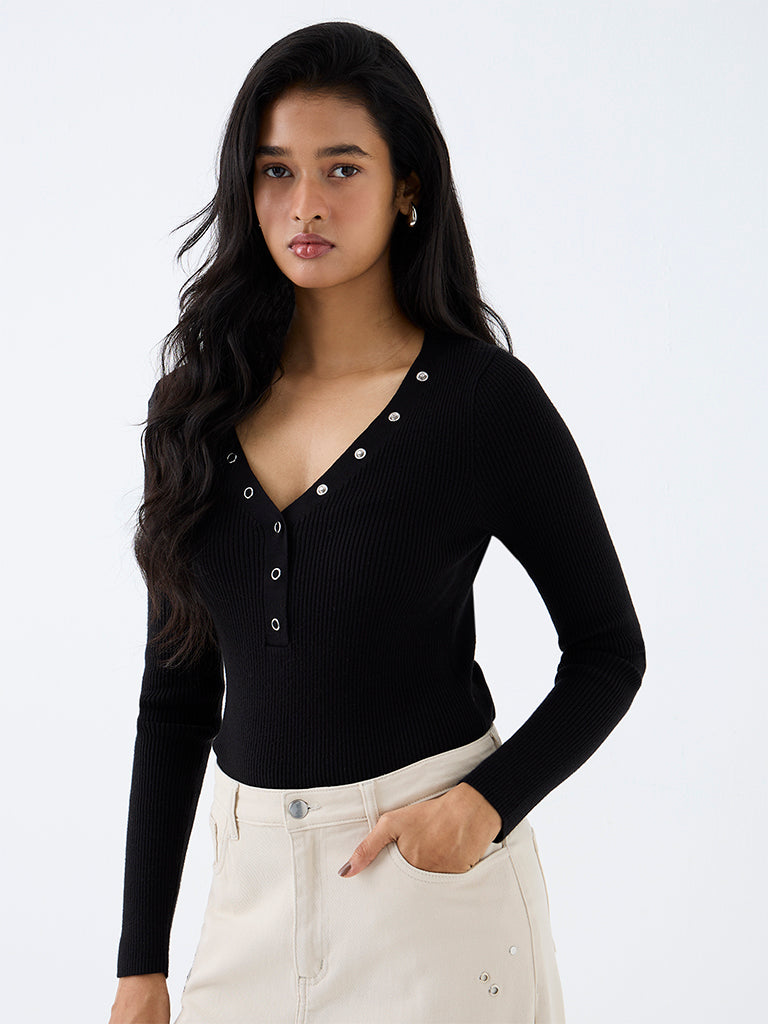 LOV Black Ribbed-Textured Henley Top