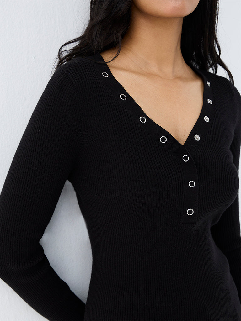 LOV Black Ribbed-Textured Henley Top