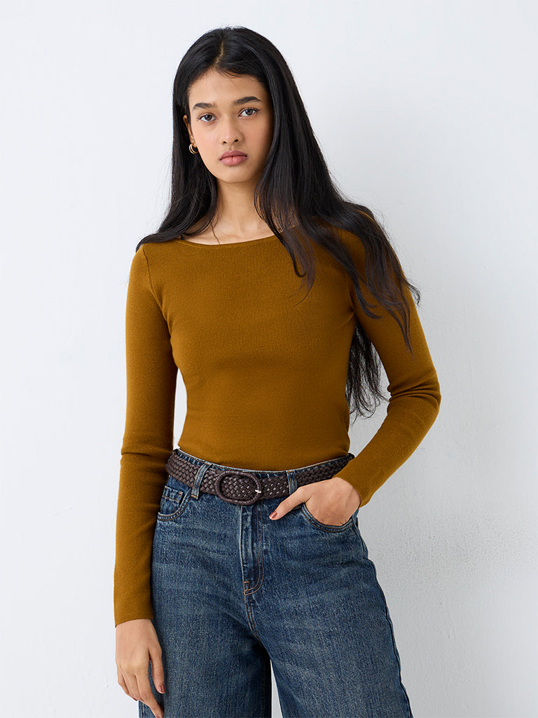 LOV Brown Ribbed-Textured Top