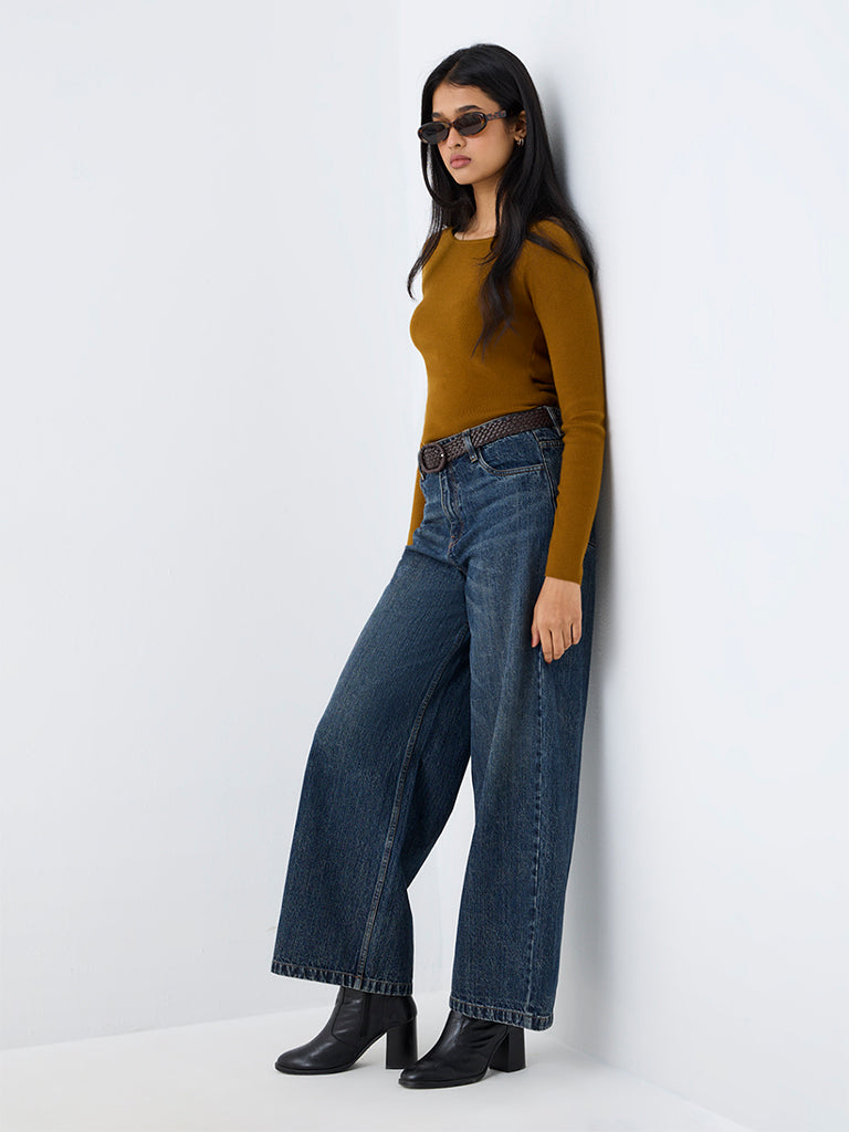 LOV Brown Ribbed-Textured Top
