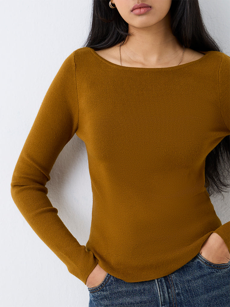 LOV Brown Ribbed-Textured Top