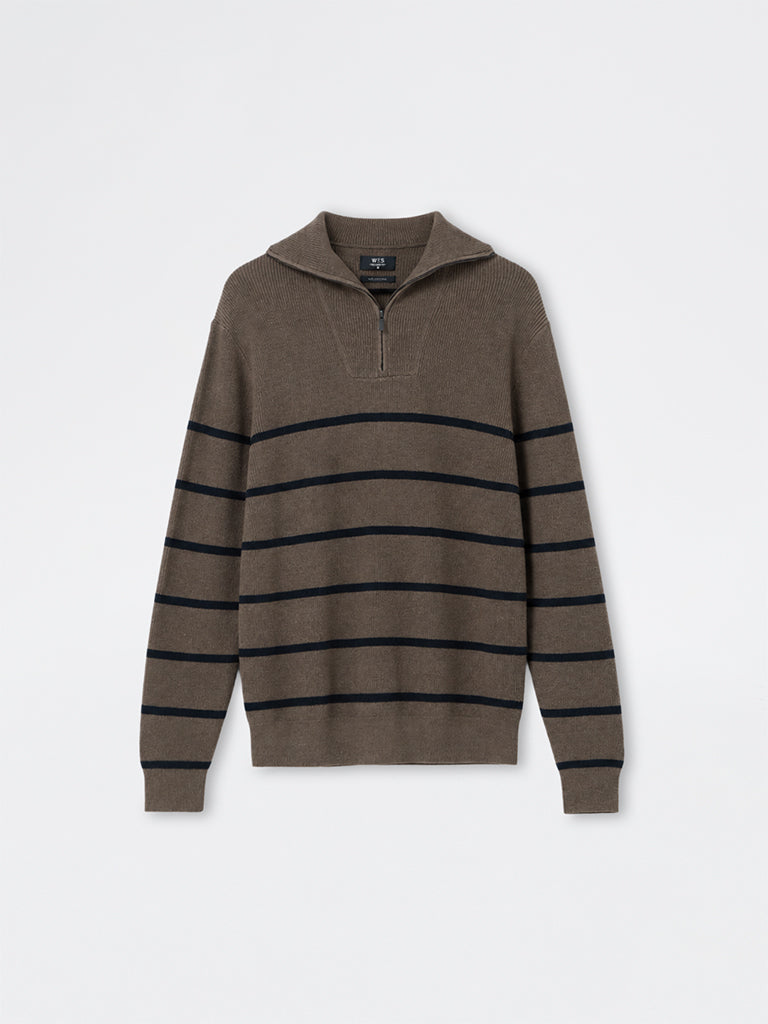 WES Casuals Dark Taupe Striped Relaxed-Fit Cotton-Blend Quarter-Zip Sweatshirt