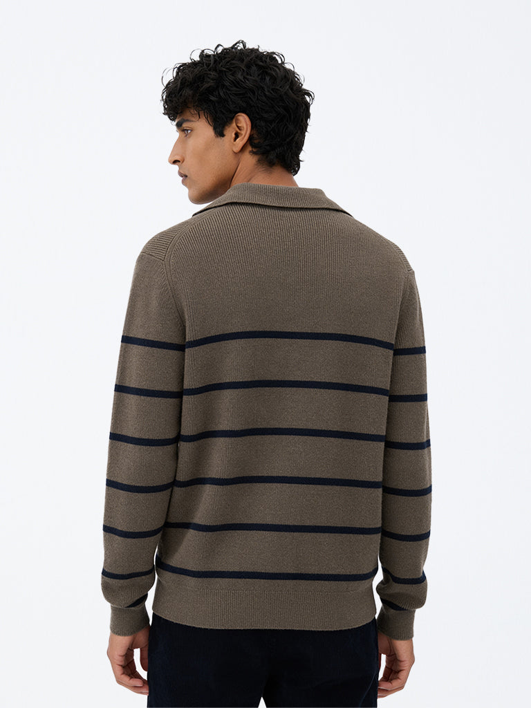 WES Casuals Dark Taupe Striped Relaxed-Fit Cotton-Blend Quarter-Zip Sweatshirt