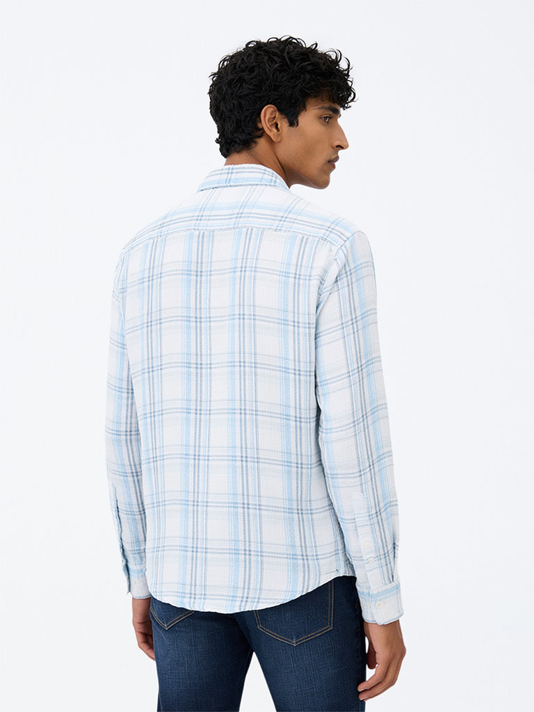 WES Casuals Blue Checkered Relaxed-Fit Shirt