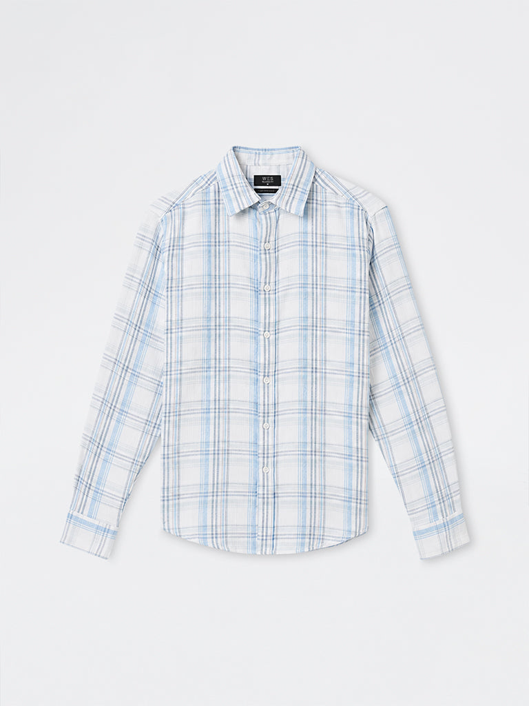 WES Casuals Blue Checkered Relaxed-Fit Shirt