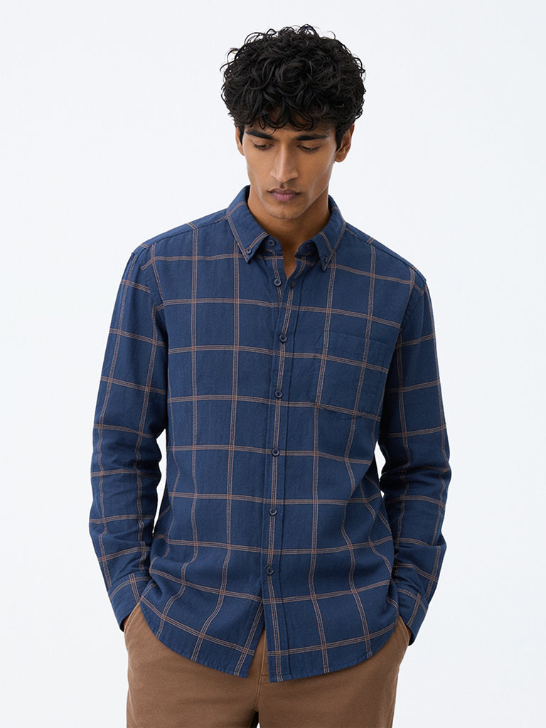 WES Casuals Navy Checkered Relaxed-Fit Cotton-Blend Shirt