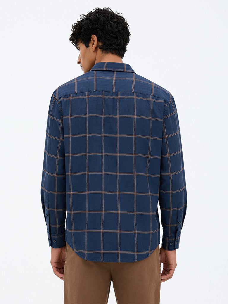WES Casuals Navy Checkered Relaxed-Fit Cotton-Blend Shirt