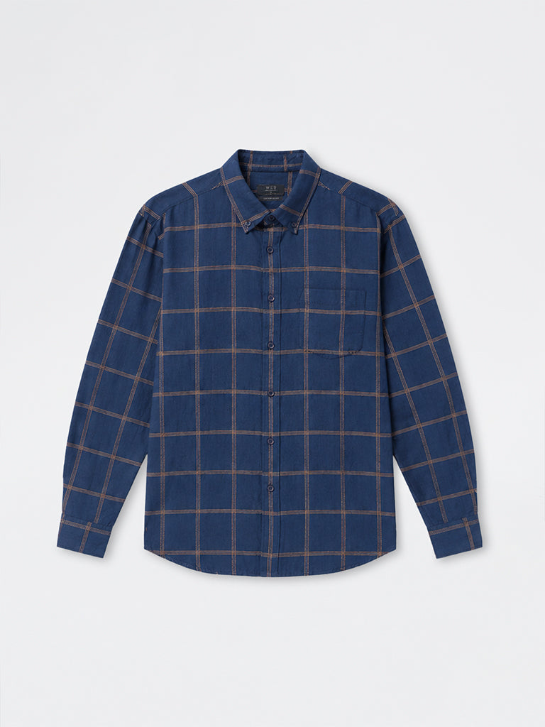 WES Casuals Navy Checkered Relaxed-Fit Cotton-Blend Shirt