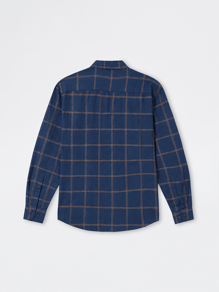 WES Casuals Navy Checkered Relaxed-Fit Cotton-Blend Shirt
