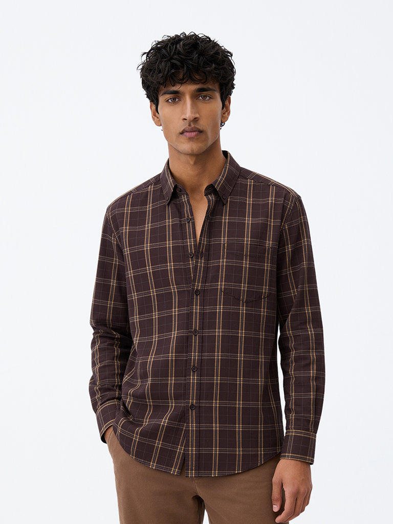 WES Casuals Brown Checkered Relaxed-Fit Cotton-Blend Shirt