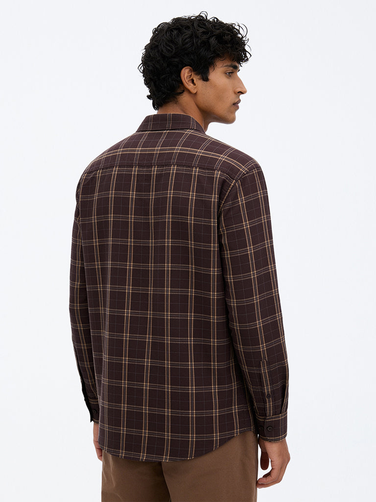 WES Casuals Brown Checkered Relaxed-Fit Cotton-Blend Shirt