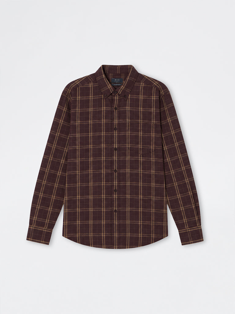 WES Casuals Brown Checkered Relaxed-Fit Cotton-Blend Shirt