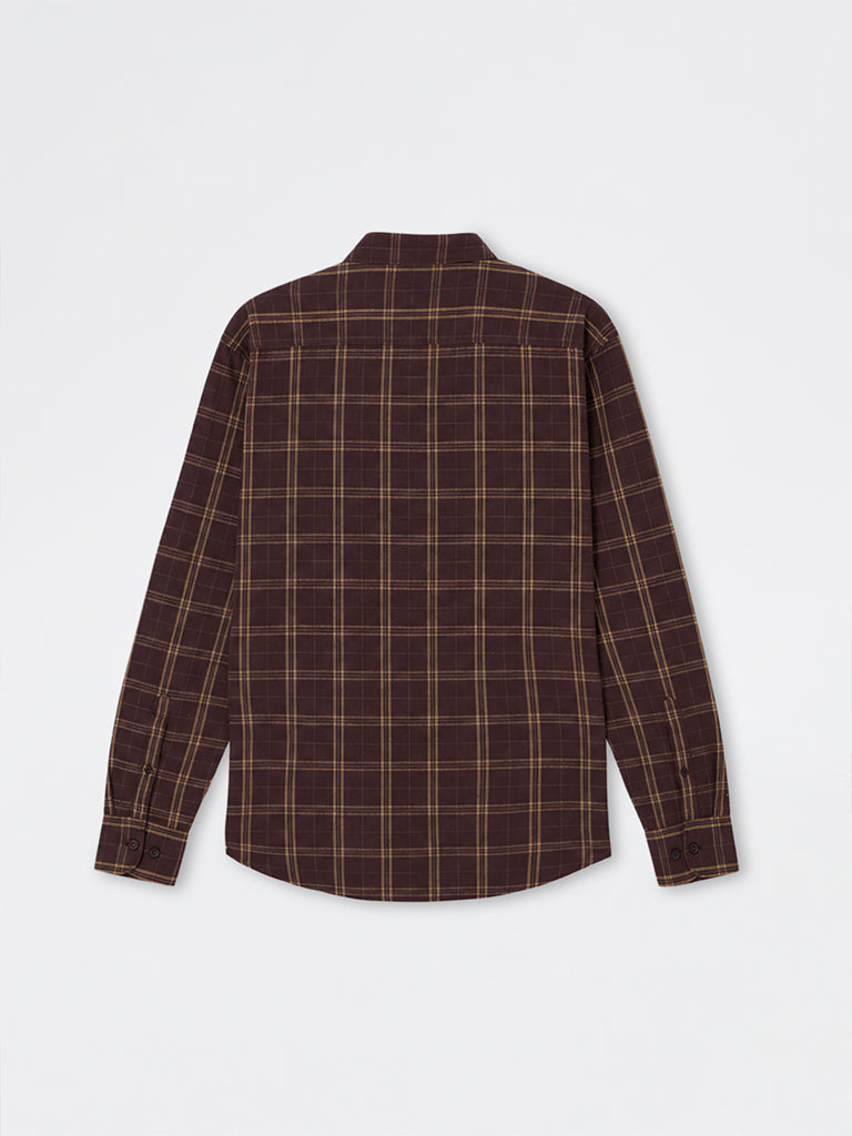 WES Casuals Brown Checkered Relaxed-Fit Cotton-Blend Shirt