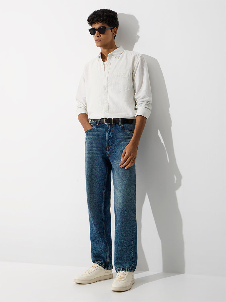 WES Casuals Off-White Checkered Relaxed-Fit Cotton-Blend Shirt