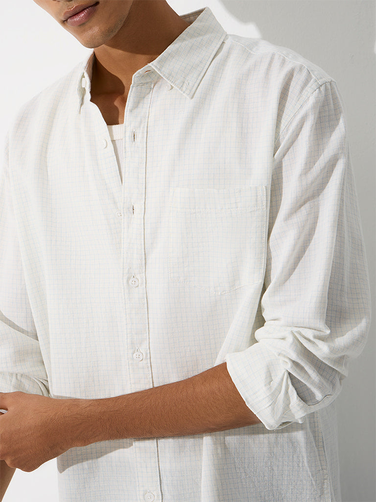 WES Casuals Off-White Checkered Relaxed-Fit Cotton-Blend Shirt
