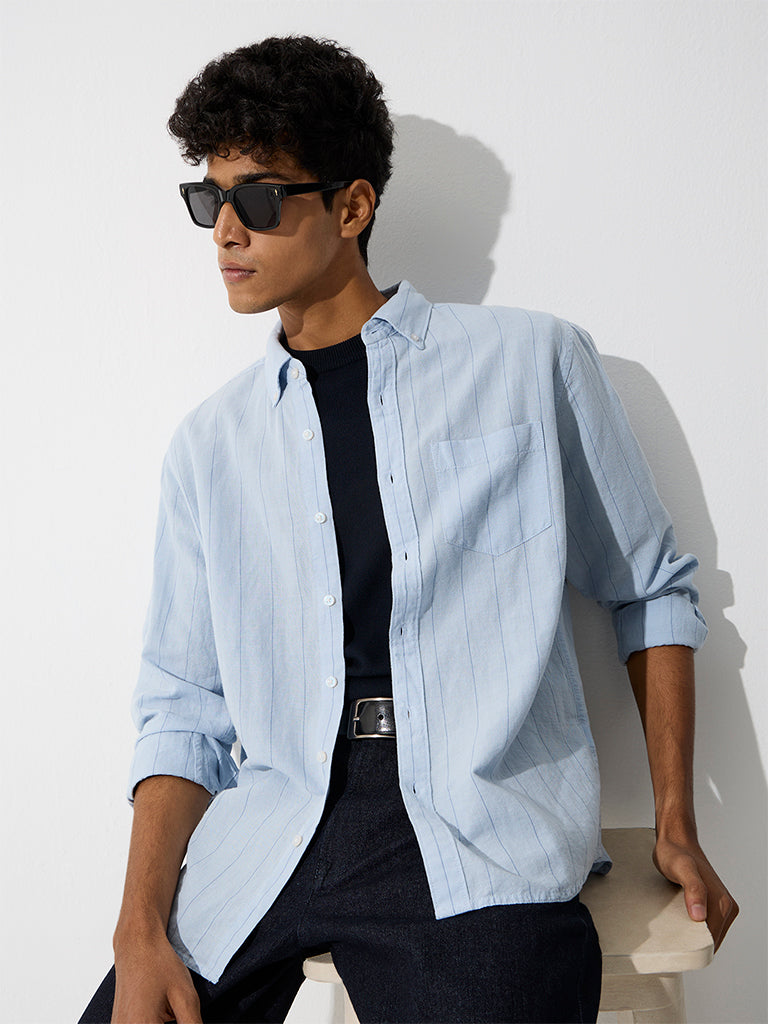 WES Casuals Light Blue Striped Relaxed-Fit Cotton-Blend Shirt