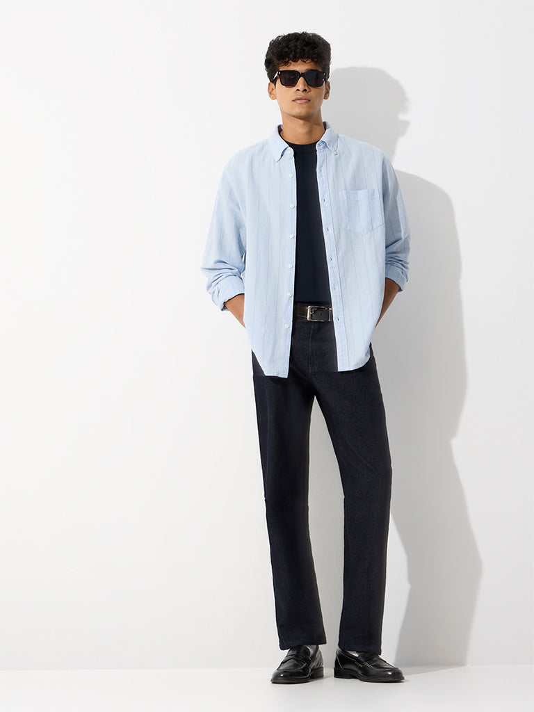 WES Casuals Light Blue Striped Relaxed-Fit Cotton-Blend Shirt