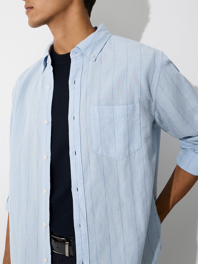 WES Casuals Light Blue Striped Relaxed-Fit Cotton-Blend Shirt