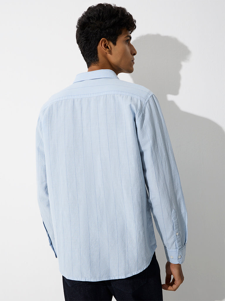 WES Casuals Light Blue Striped Relaxed-Fit Cotton-Blend Shirt