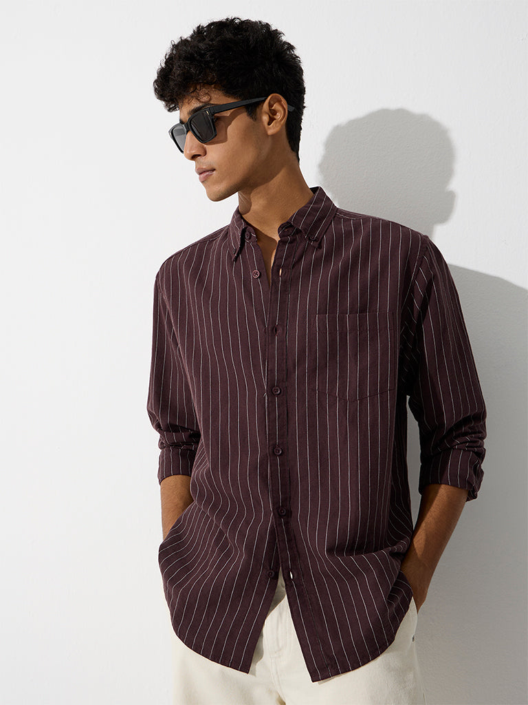 WES Casuals Dark Brown Relaxed-Fit Cotton-Blend Shirt