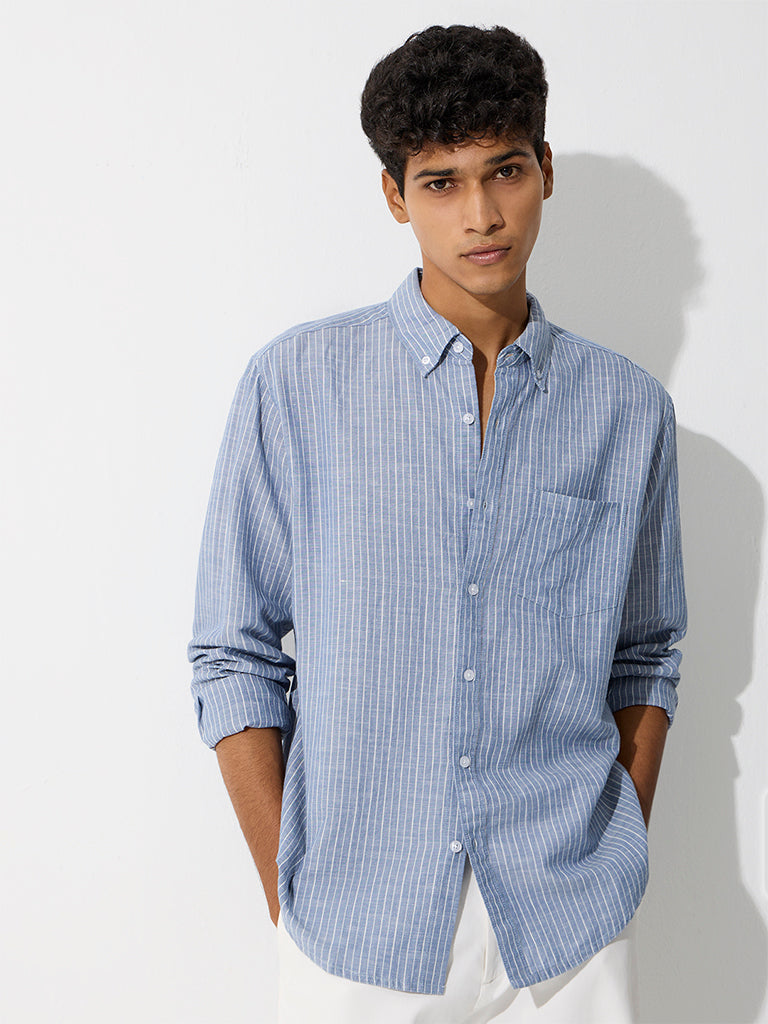 WES Casuals Blue Striped Relaxed-Fit Cotton-Blend Shirt