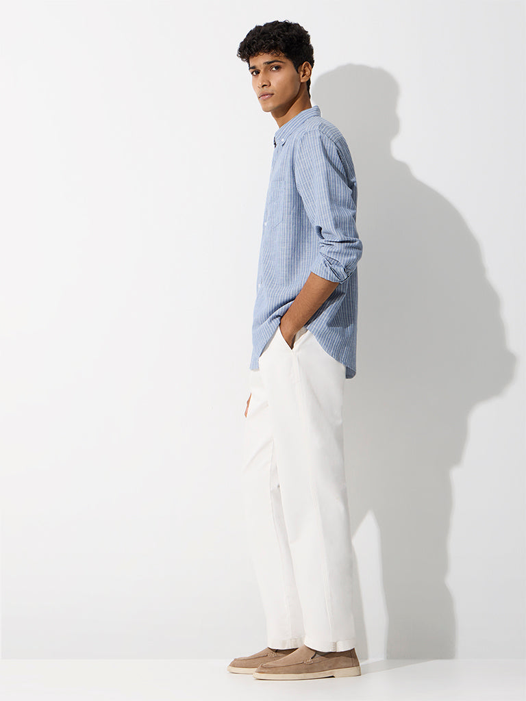 WES Casuals Blue Striped Relaxed-Fit Cotton-Blend Shirt
