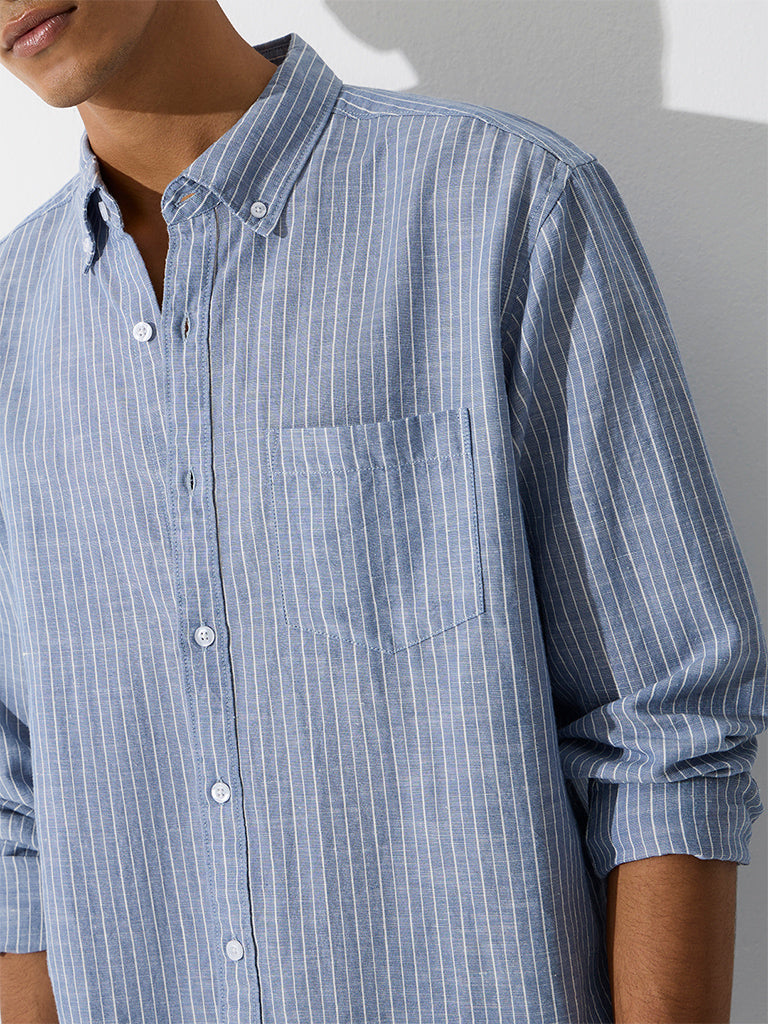 WES Casuals Blue Striped Relaxed-Fit Cotton-Blend Shirt