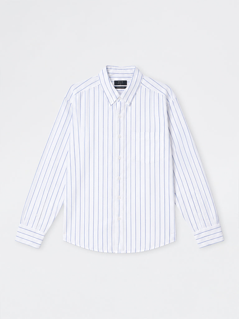 WES Casuals Blue Striped Relaxed-Fit Cotton Shirt
