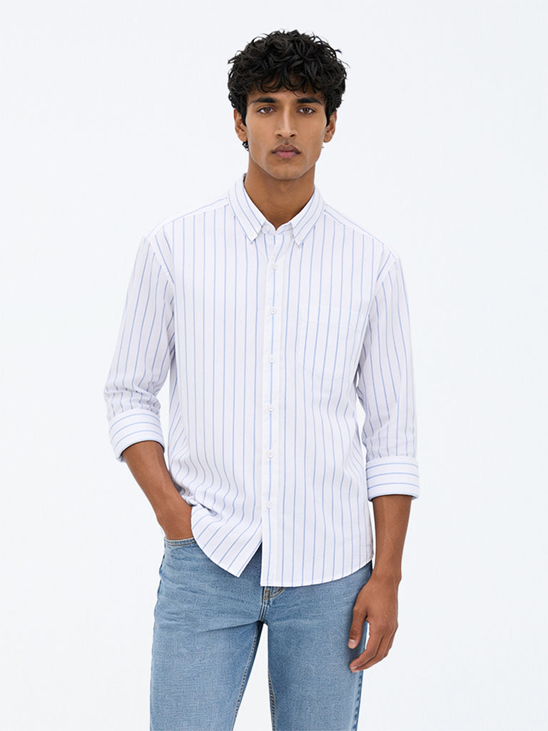 WES Casuals Blue Striped Relaxed-Fit Cotton Shirt
