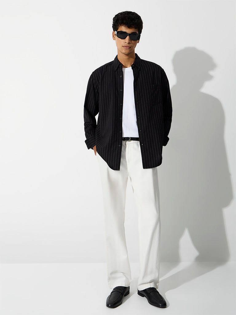 WES Casuals Black Pinstripe Printed Relaxed-Fit Cotton Shirt