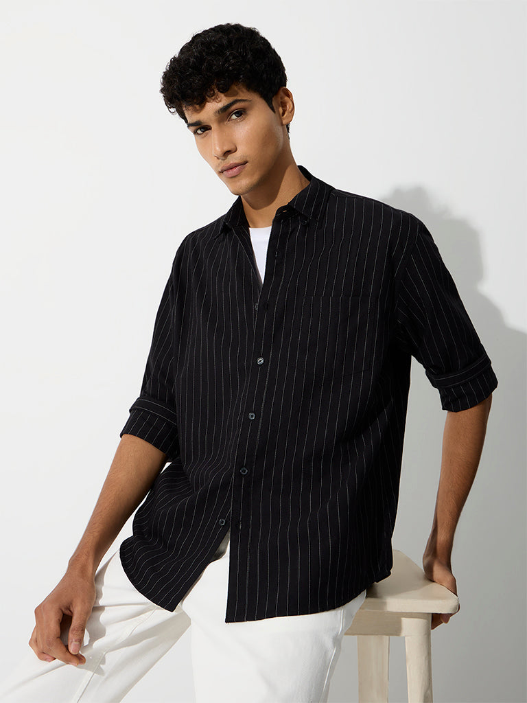 WES Casuals Black Pinstripe Printed Relaxed-Fit Cotton Shirt