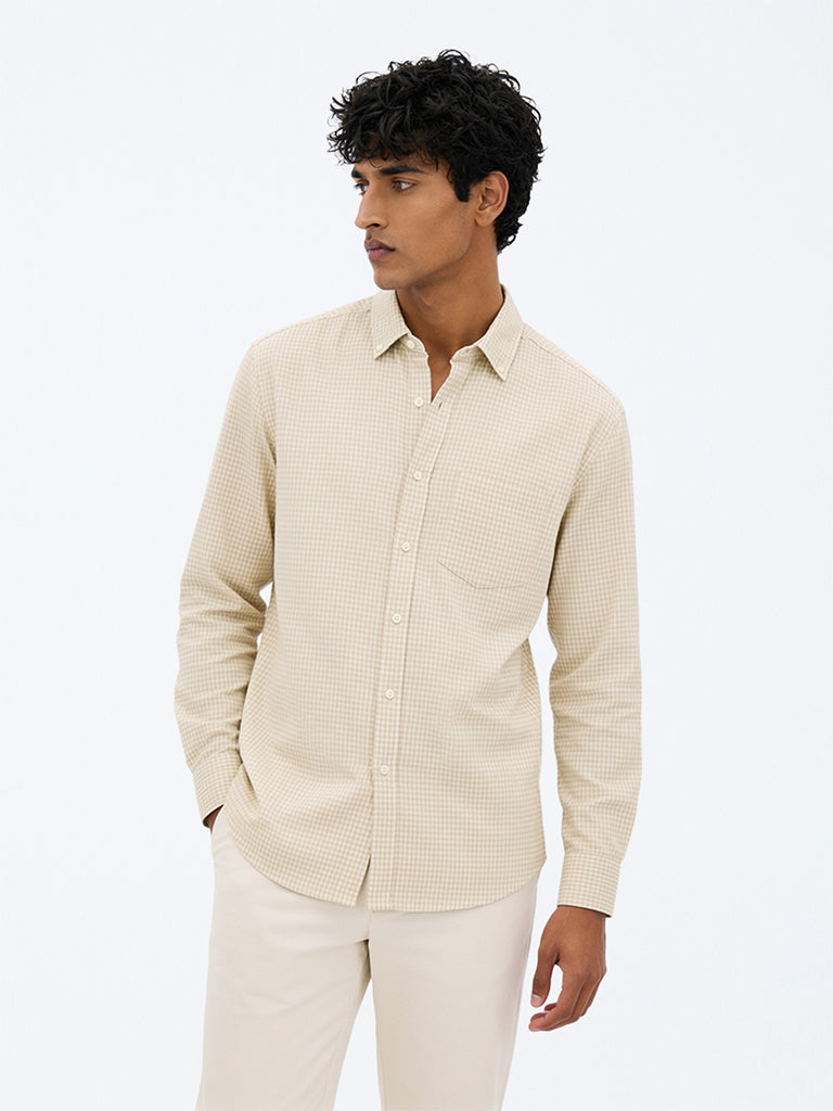 WES Casuals Brown Checkered Relaxed-Fit Cotton Shirt