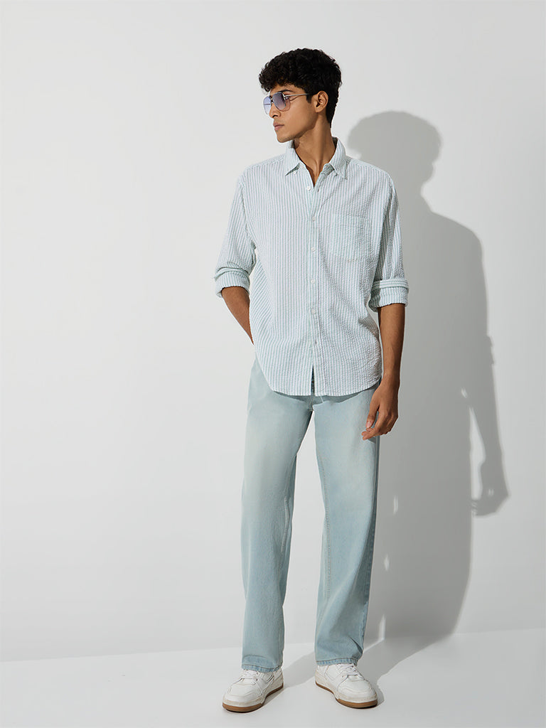 WES Casuals Green Striped Relaxed-Fit Cotton Shirt