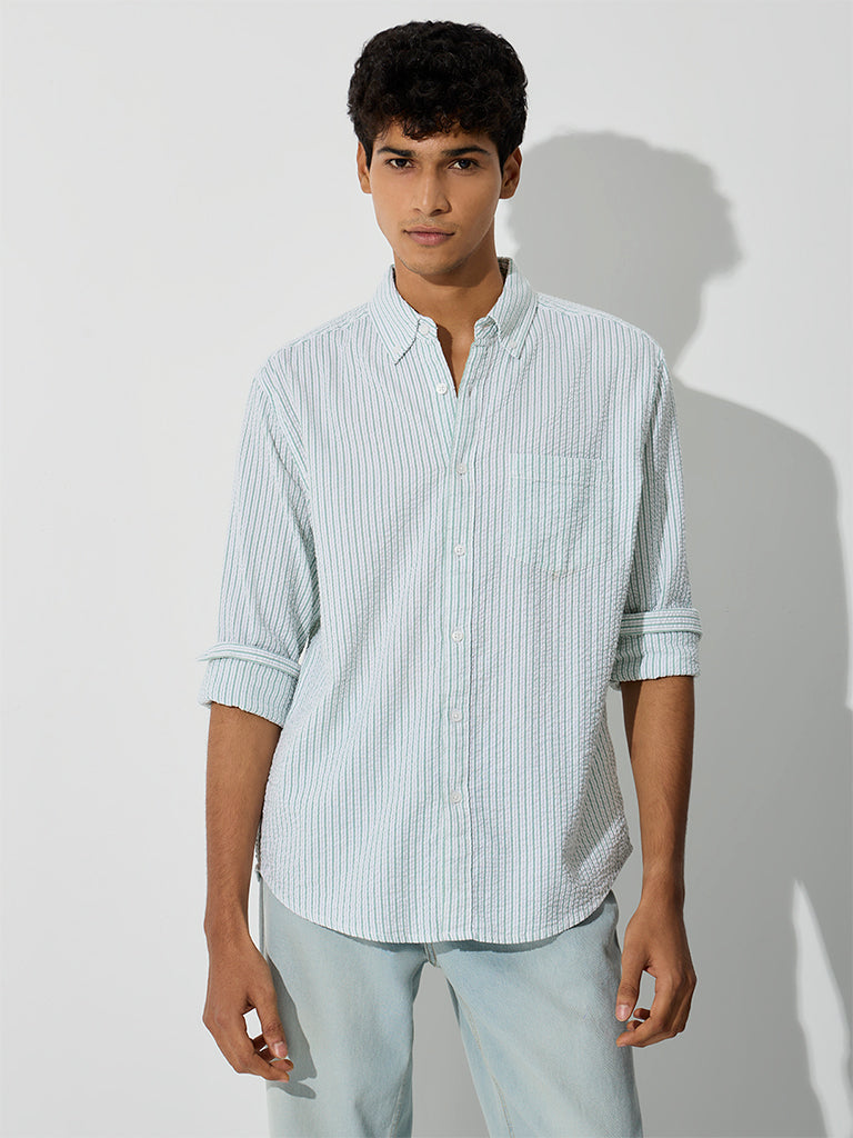 WES Casuals Green Striped Relaxed-Fit Cotton Shirt